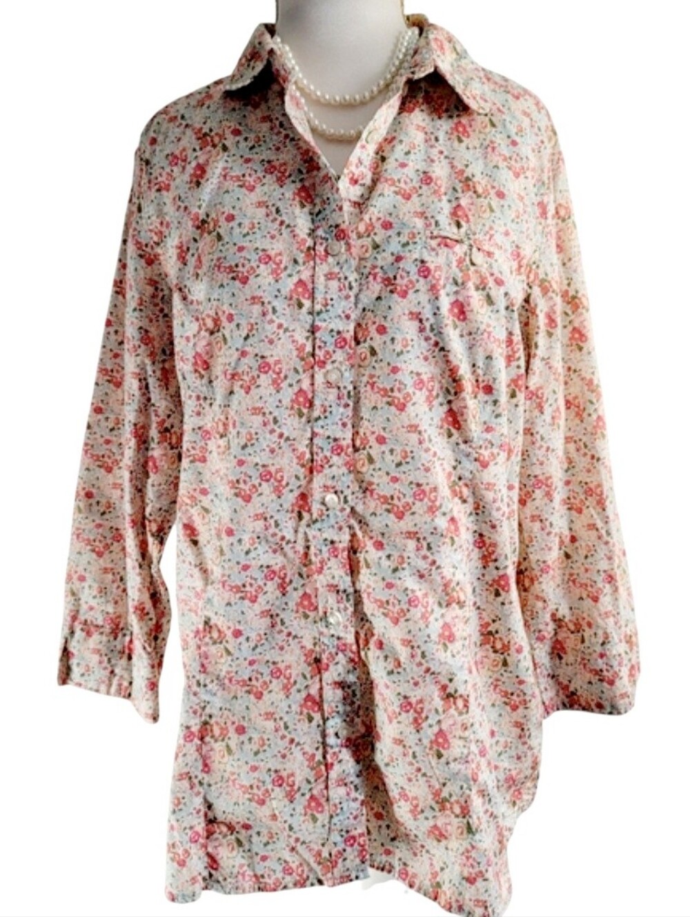 L.L. Bean Multicolored Floral Cotton Button-Down Shirt with 3/4 Length Sleeves